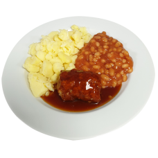 Boomstam (v) vleesjus,witte bonen in tomatensaus  en aardappelen gekookt